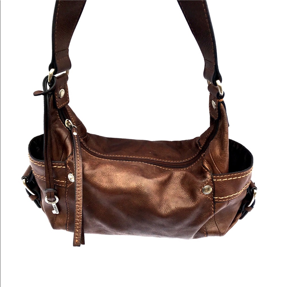Fossil soft leather shoulder bag in brown with key